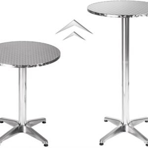 Round, height-adjustable, aluminum bistro tables come in a variety of types.