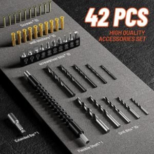 Cordless 20V Drill Set  42 Accessories 42Nm Electric Screwdriver 2.0Ah Battery 25 1 Torque 2 Speed Settings LED Light