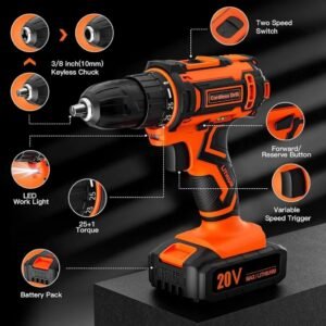 Cordless 20V Drill Set  42 Accessories 42Nm Electric Screwdriver 2.0Ah Battery 25 1 Torque 2 Speed Settings LED Light