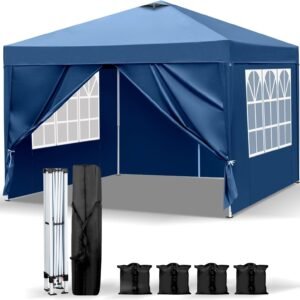 Pop-Up Folding Gazebo 3x3m Waterproof  Windproof, UV50+ Protection Height Adjustable with 4 Side Panels 4 Sandbags Ventilation Outdoor Canopy Tent  Blue