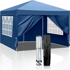 Pop-Up Folding Gazebo 3x3m Waterproof  Windproof, UV50+ Protection Height Adjustable with 4 Side Panels 4 Sandbags Ventilation Outdoor Canopy Tent  Blue