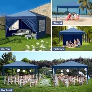 Pop-Up Folding Gazebo 3x3m Waterproof  Windproof, UV50+ Protection Height Adjustable with 4 Side Panels 4 Sandbags Ventilation Outdoor Canopy Tent  Blue