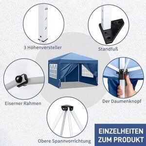 Pop-Up Folding Gazebo 3x3m Waterproof  Windproof, UV50+ Protection Height Adjustable with 4 Side Panels 4 Sandbags Ventilation Outdoor Canopy Tent  Blue