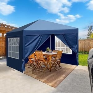 Pop-Up Folding Gazebo 3x3m Waterproof  Windproof, UV50+ Protection Height Adjustable with 4 Side Panels 4 Sandbags Ventilation Outdoor Canopy Tent  Blue